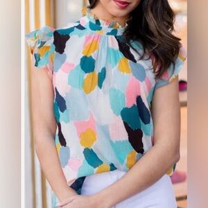 THML Mosaic Ruffle Sleeve Top Size M Multicolor
